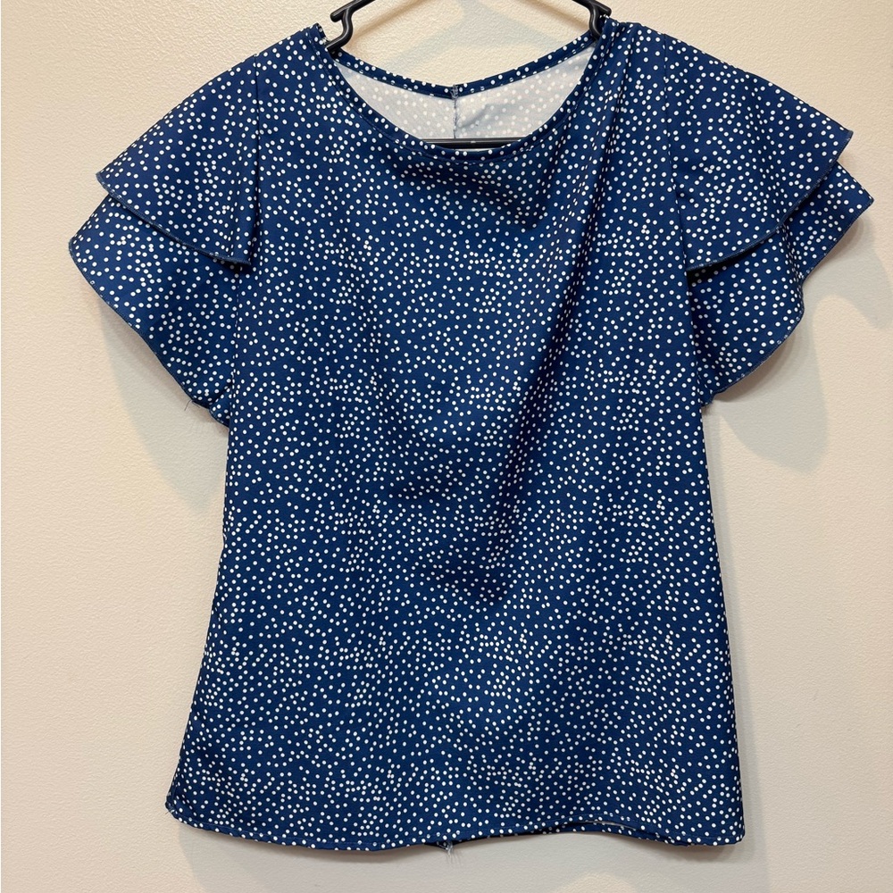 Navy with white polka dot flutter sleeve blouse size small